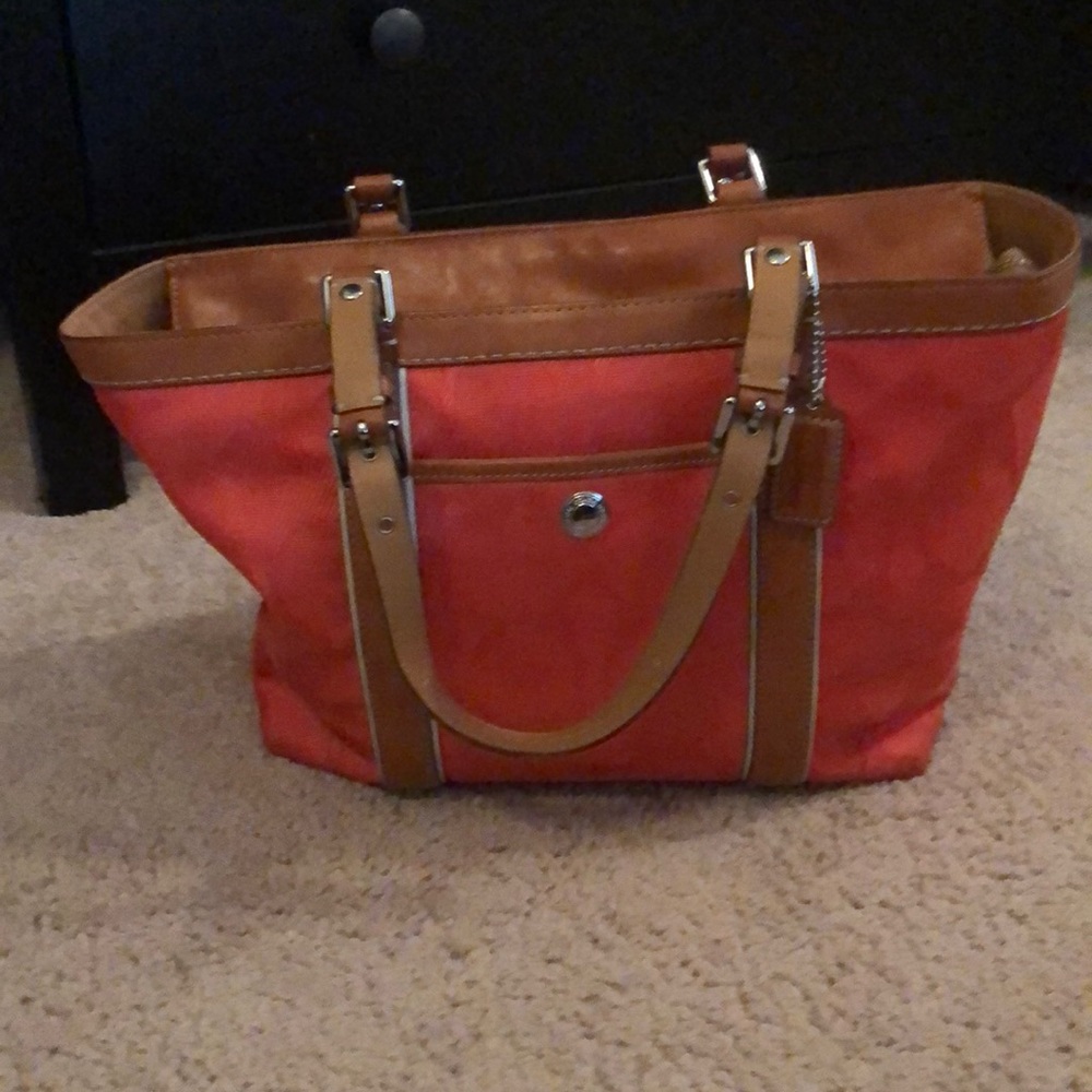 Coral fabric coach tote